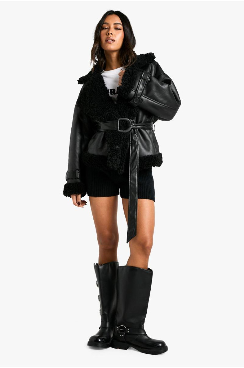 Розкішна куртка-авіатор з оздобленням Тедді з поясом