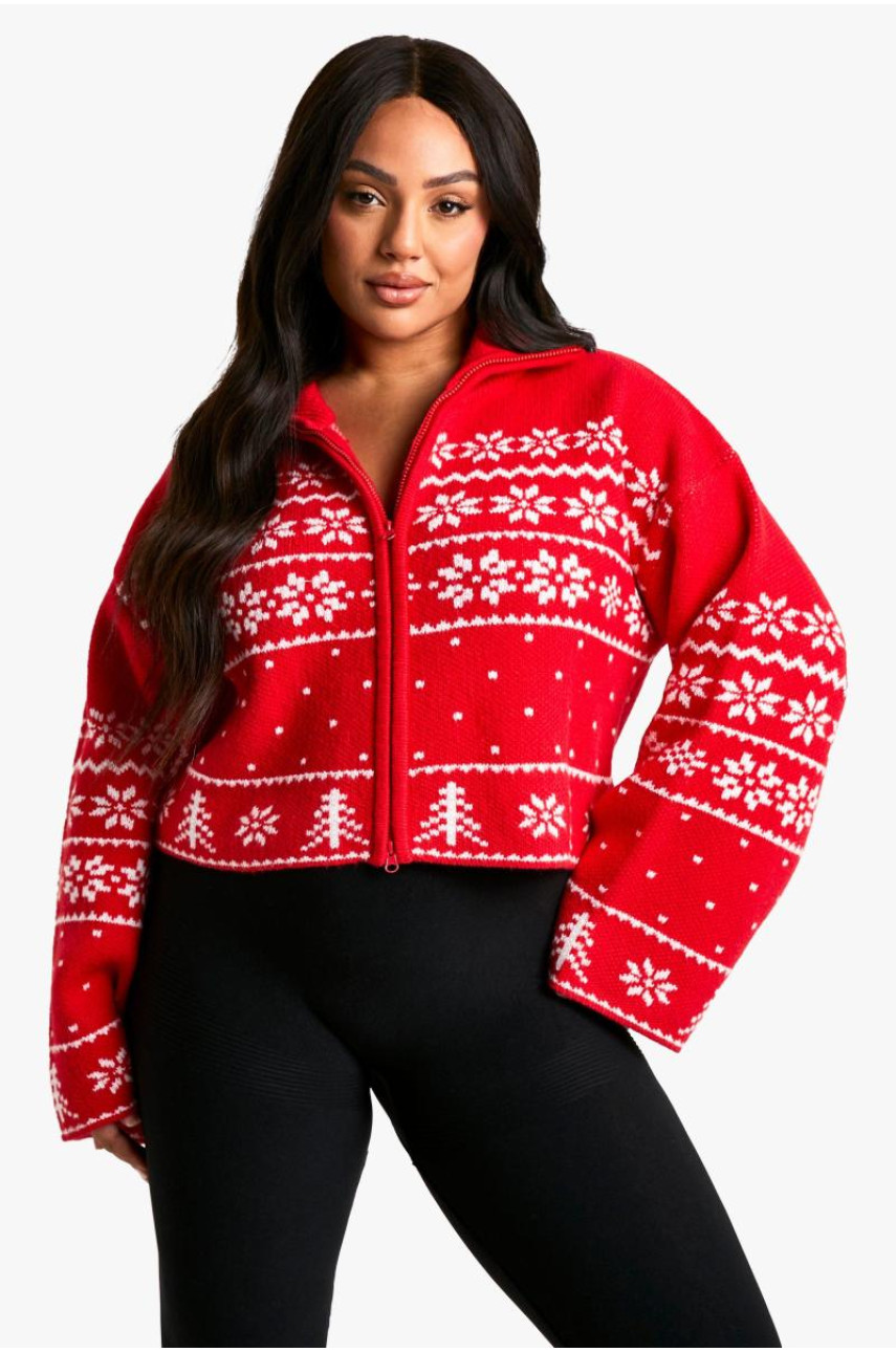 Плюс преміальний в'язаний кардиган із різдвяною ярмаркою на блискавці