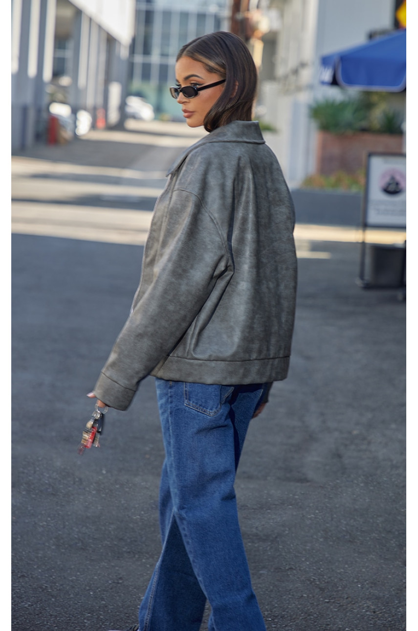 Куртка на блискавці з тисненням зі штучної шкіри темного кольору