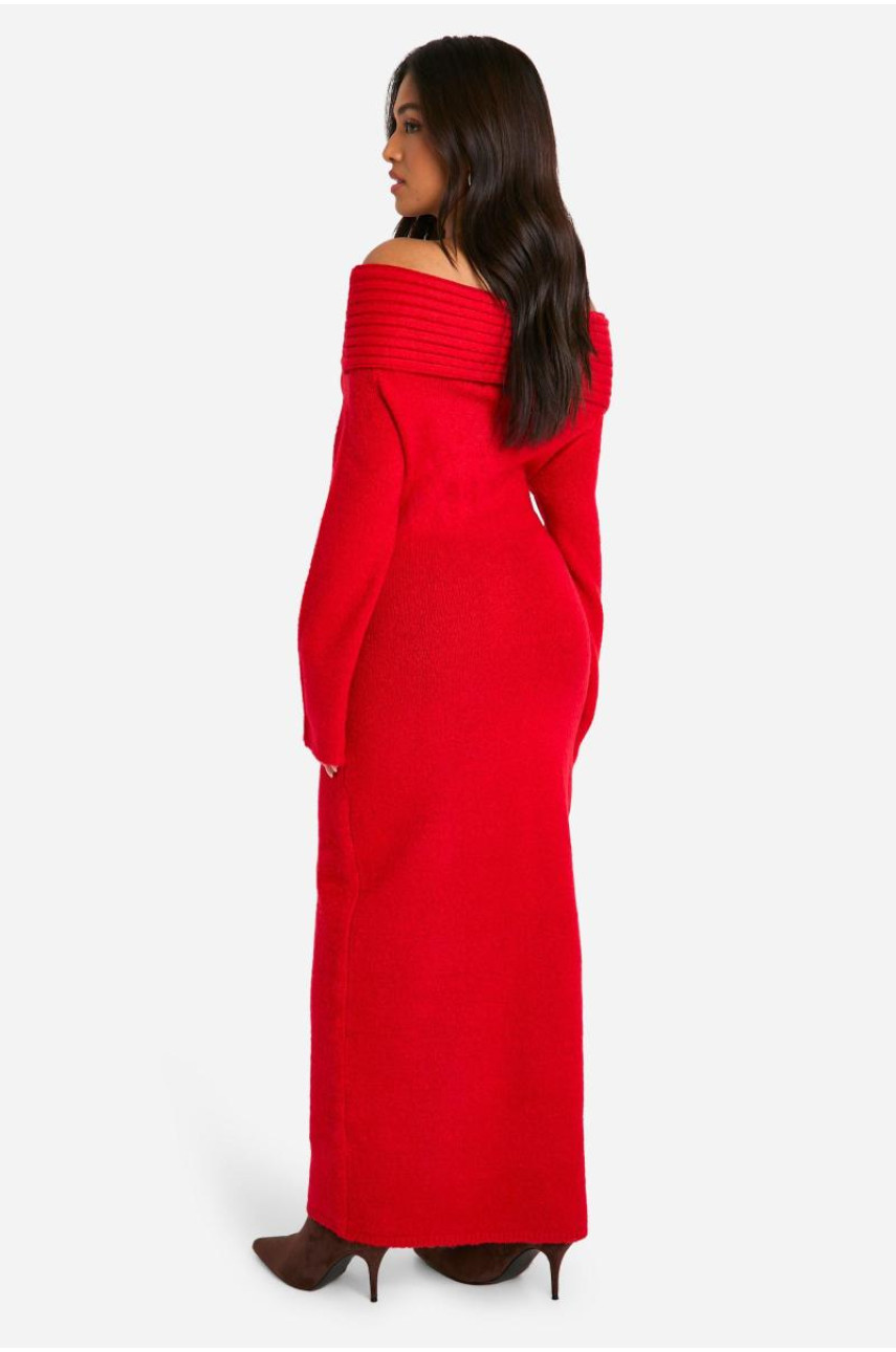 М’яка в’язана сукня-джемпер Petite Premium з великим вирізом у рубчик і бардо