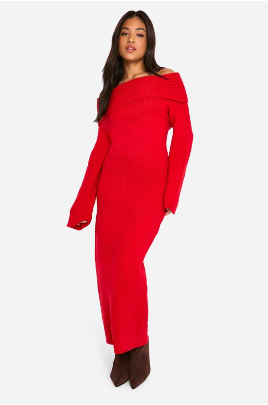М’яка в’язана сукня-джемпер Petite Premium з великим вирізом у рубчик і бардо