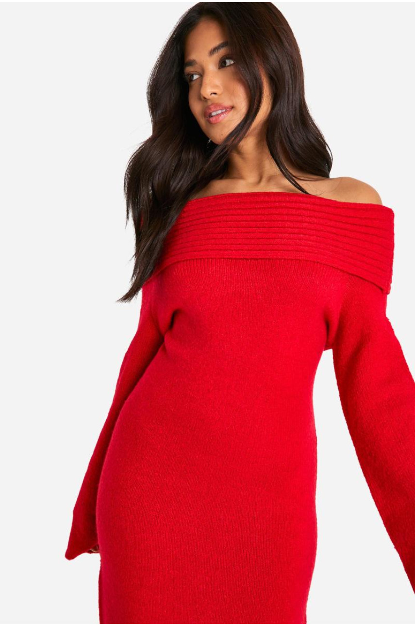 М’яка в’язана сукня-джемпер Petite Premium з великим вирізом у рубчик і бардо